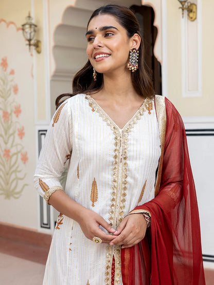 White Cotton Embellished Floral Printed Kurta With Flared Palazzo And Dupatta
