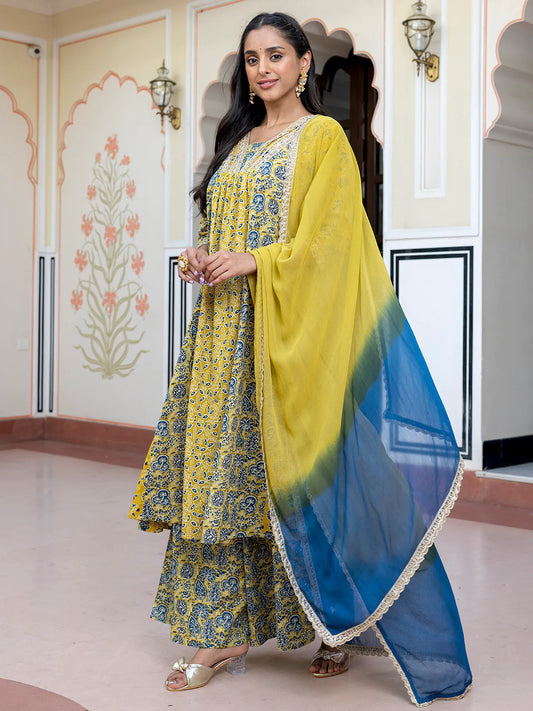 Lime Green Cotton Embellished Ethnic Printed Kurta With Flared Palazzo And Dupatta