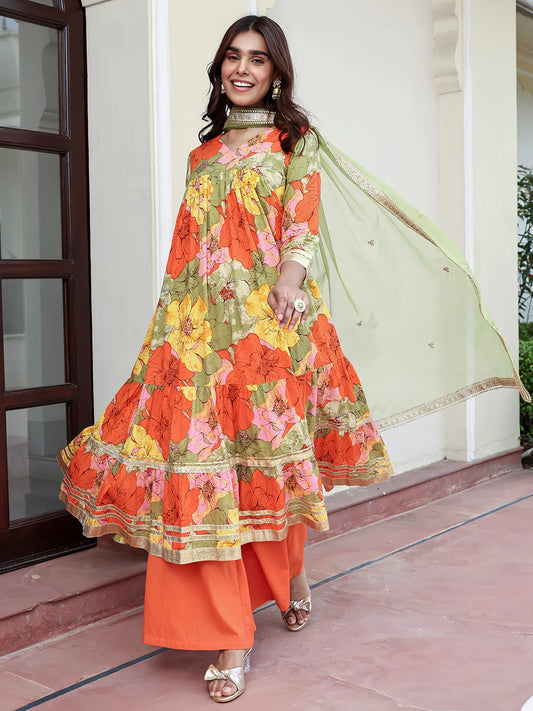 Multicolor Cotton Floral Printed Kurta With Palazzo And Dupatta