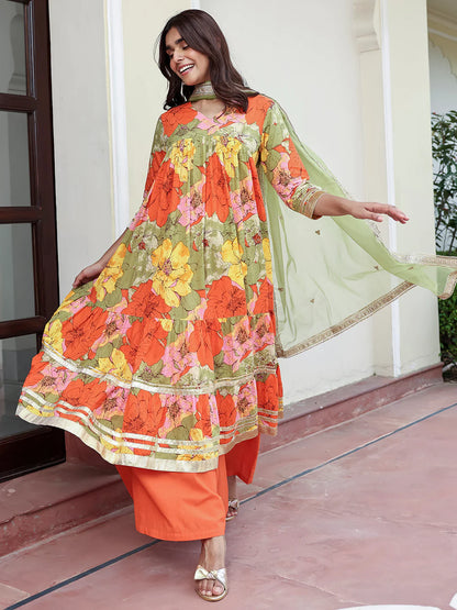 Multicolor Cotton Floral Printed Kurta With Palazzo And Dupatta