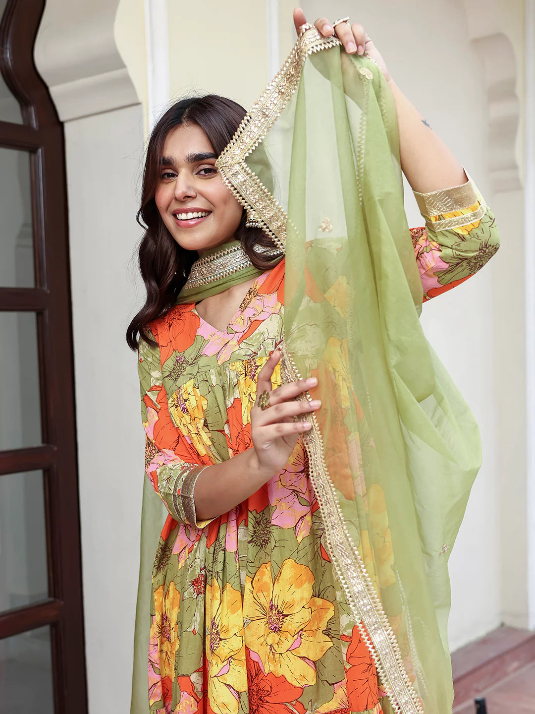 Multicolor Cotton Floral Printed Kurta With Palazzo And Dupatta