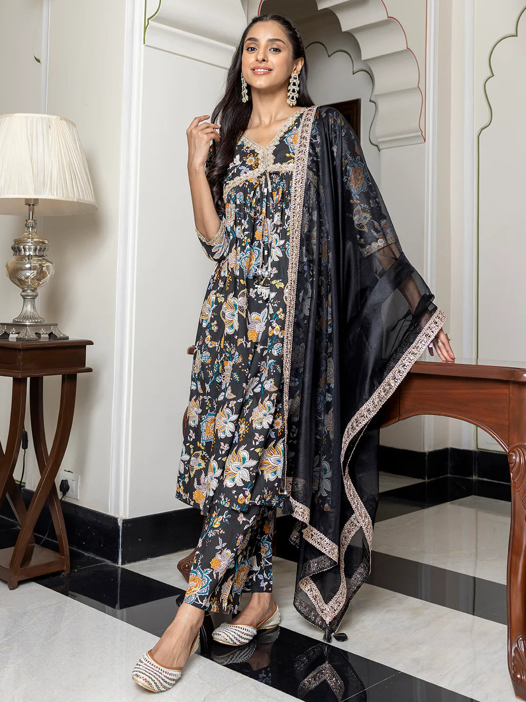 Black Cotton Embellished Kurta With Palazzo And Dupatta