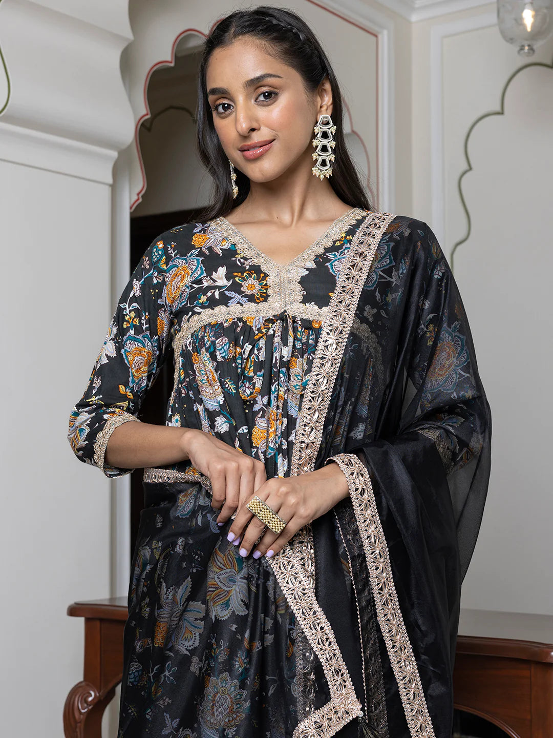 Black Cotton Embellished Kurta With Palazzo And Dupatta