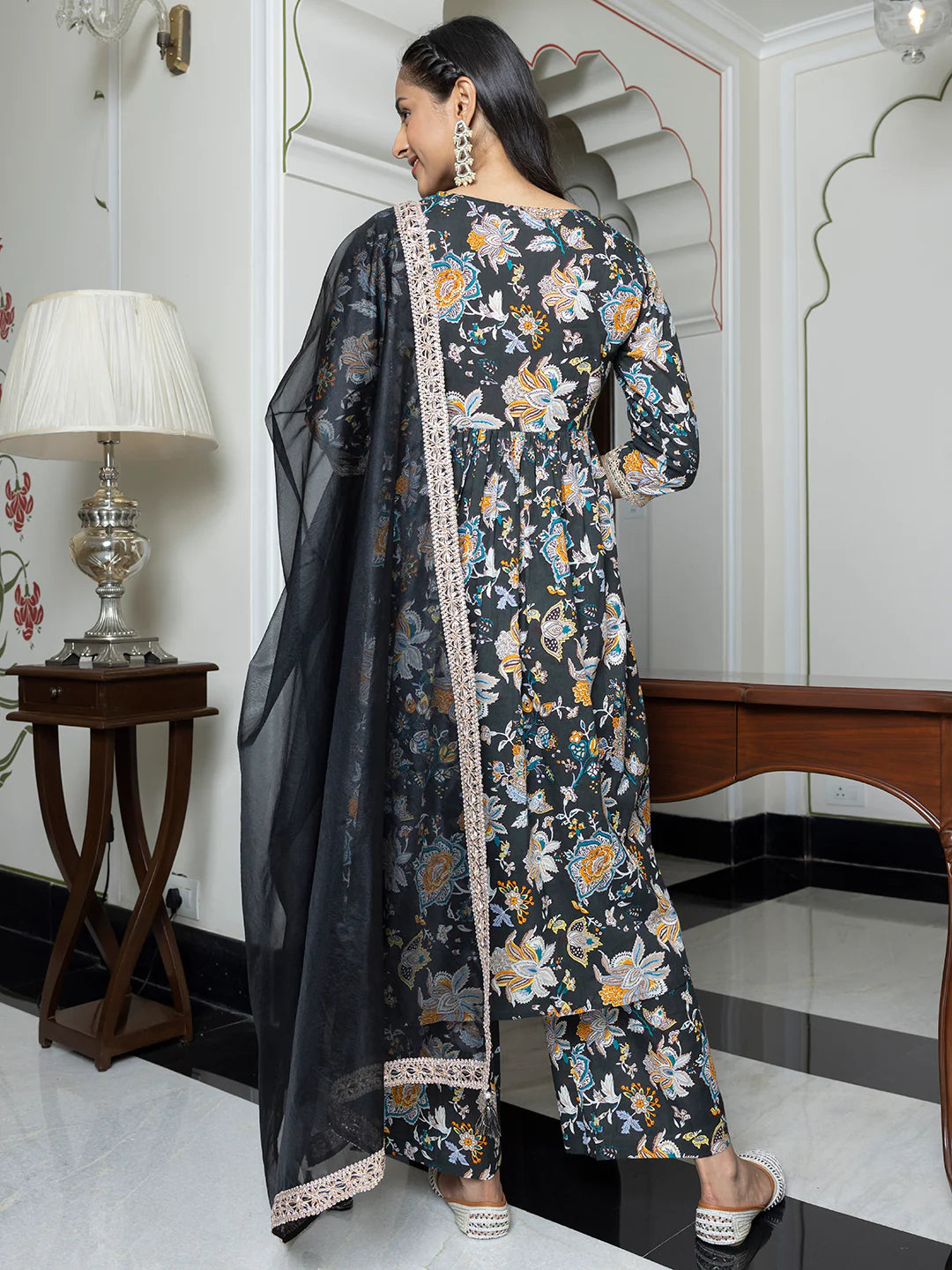 Black Cotton Embellished Kurta With Palazzo And Dupatta