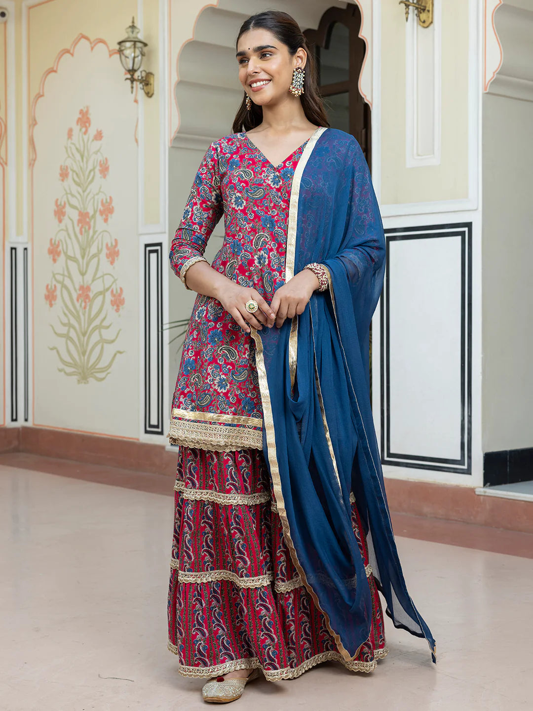 Wine Cotton Ethnic Printed Kurta With Sharara And Dupatta