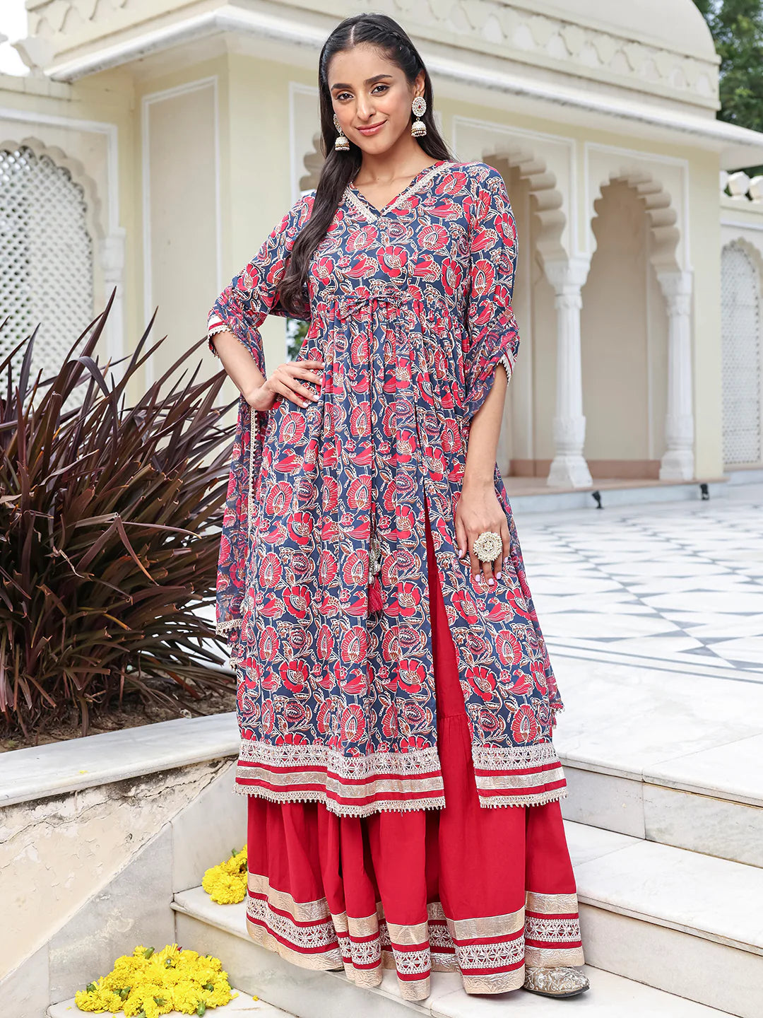 Blue Cotton Floral Printed Kurta With Skirt And Dupatta