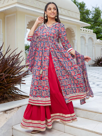 Blue Cotton Floral Printed Kurta With Skirt And Dupatta