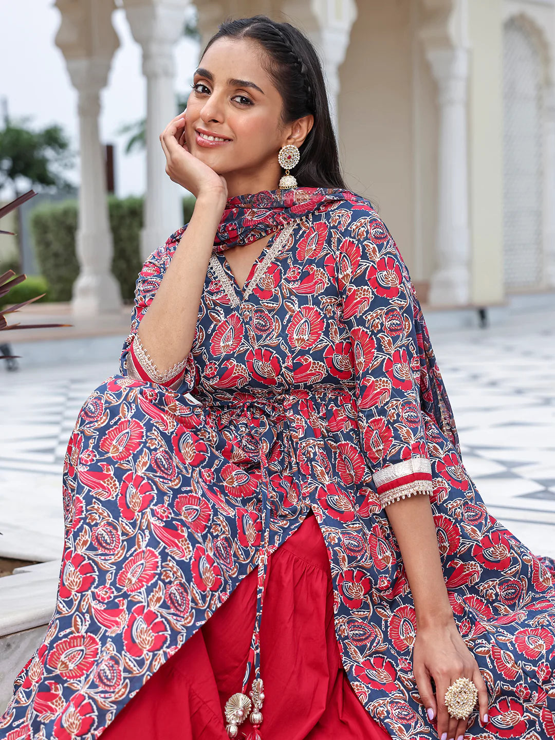 Blue Cotton Floral Printed Kurta With Skirt And Dupatta