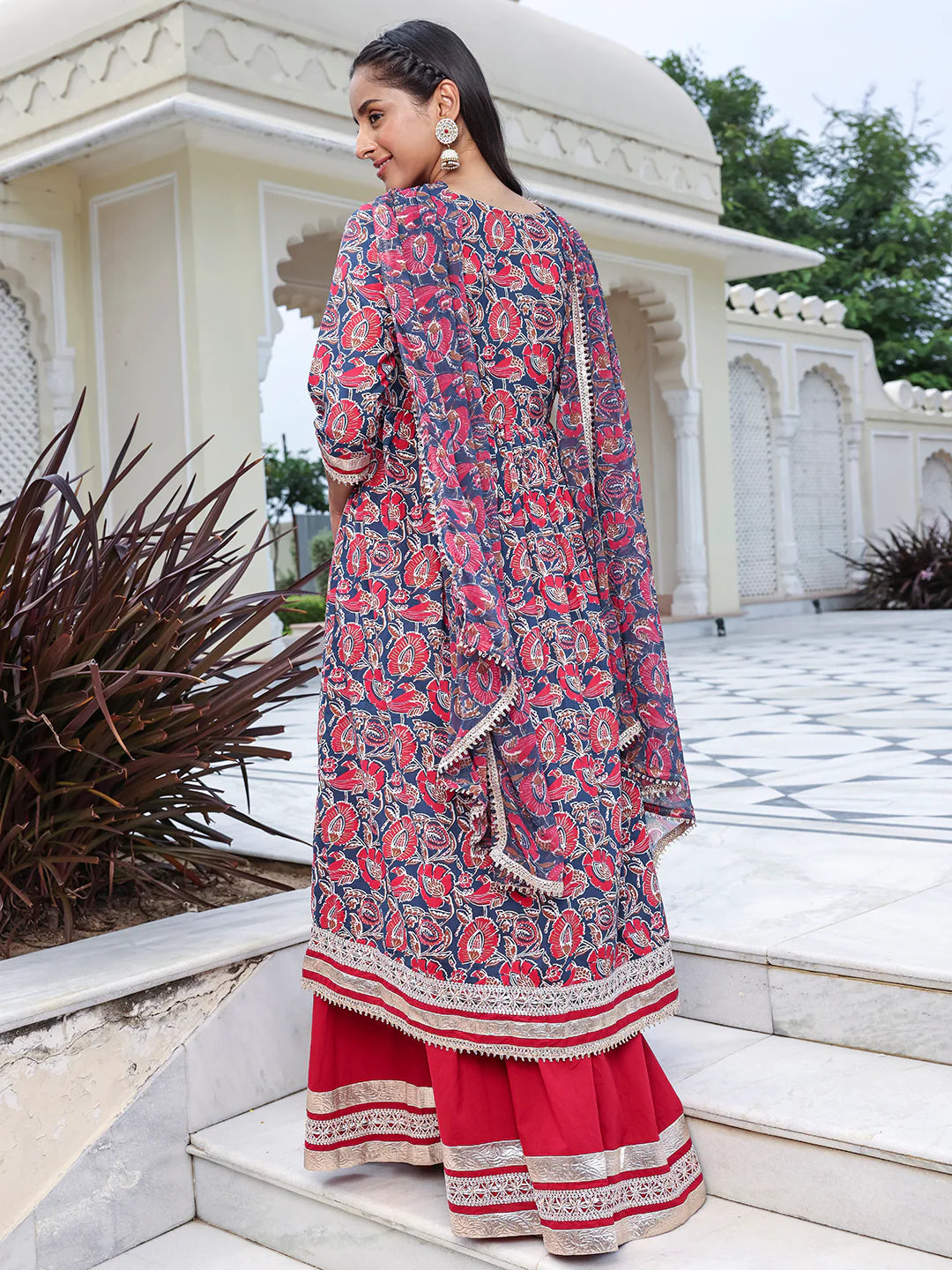 Blue Cotton Floral Printed Kurta With Skirt And Dupatta