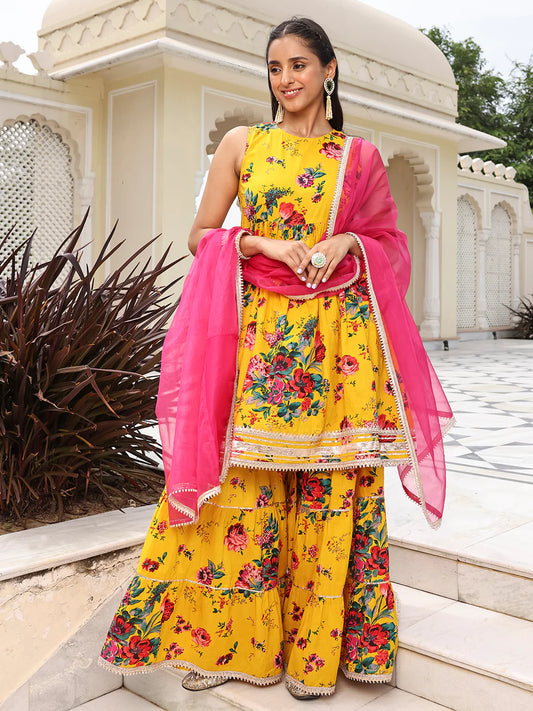 Yellow Cotton Embellished Short Kurta With Sharara And Dupatta