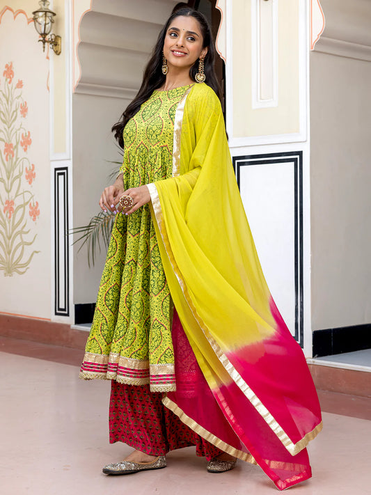 Lime Green Cotton Embellished Floral Printed Kurta With Flared Palazzo And Dupatta