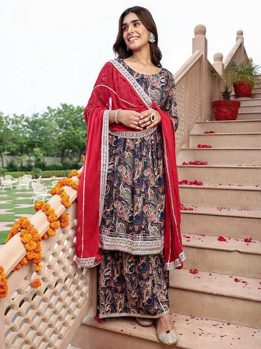 Navy Blue Cotton Ethnic Printed Kurta With Flared Palazzo And Dupatta