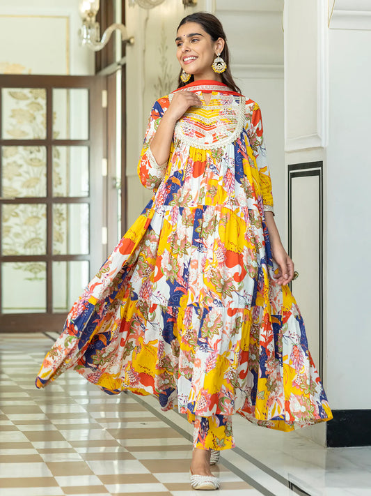 Multicolor Cotton Embellished Floral Printed Kurta With Pant And Dupatta