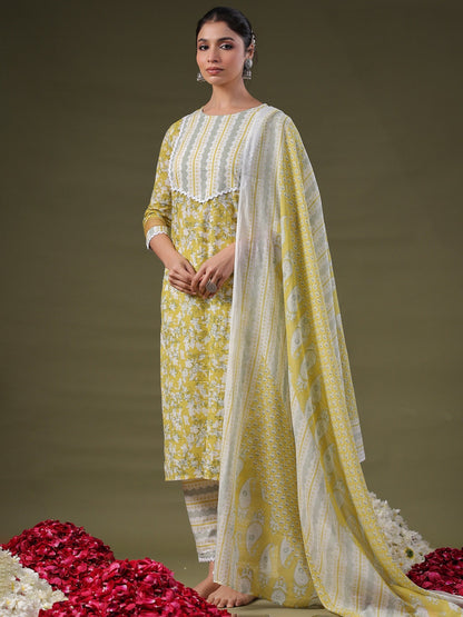 Indo Era Green Printed Straight Kurta Trousers With Dupatta Set