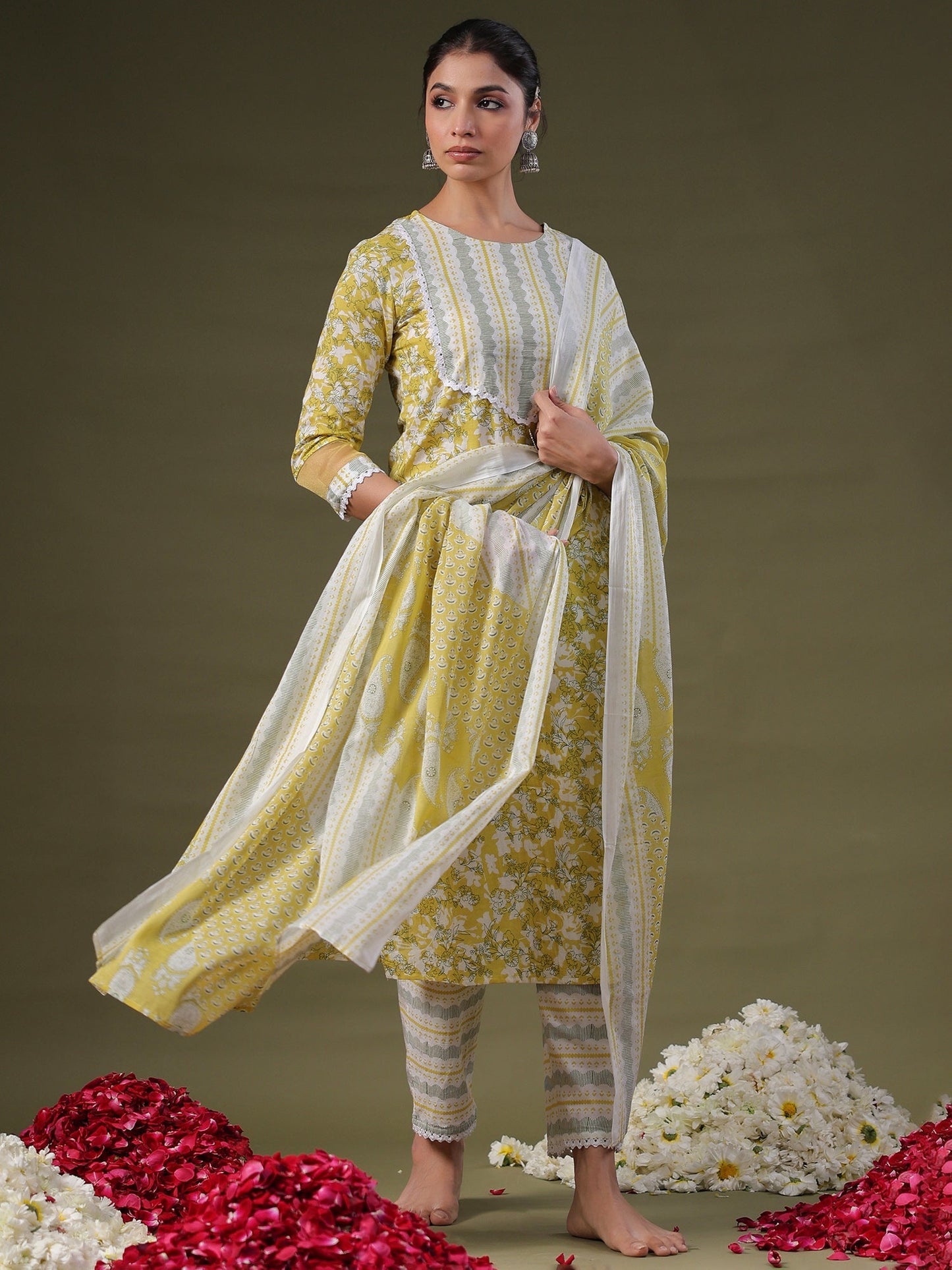 Indo Era Green Printed Straight Kurta Trousers With Dupatta Set