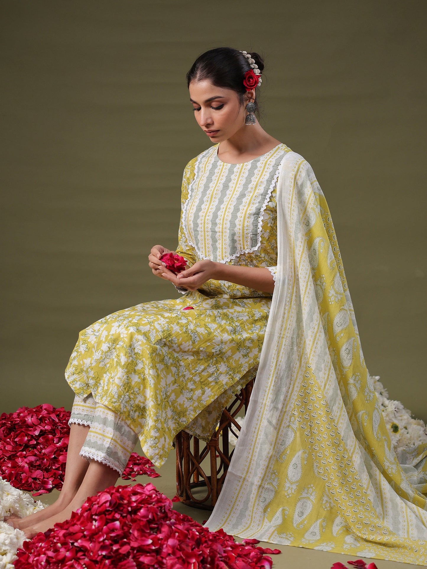 Indo Era Green Printed Straight Kurta Trousers With Dupatta Set