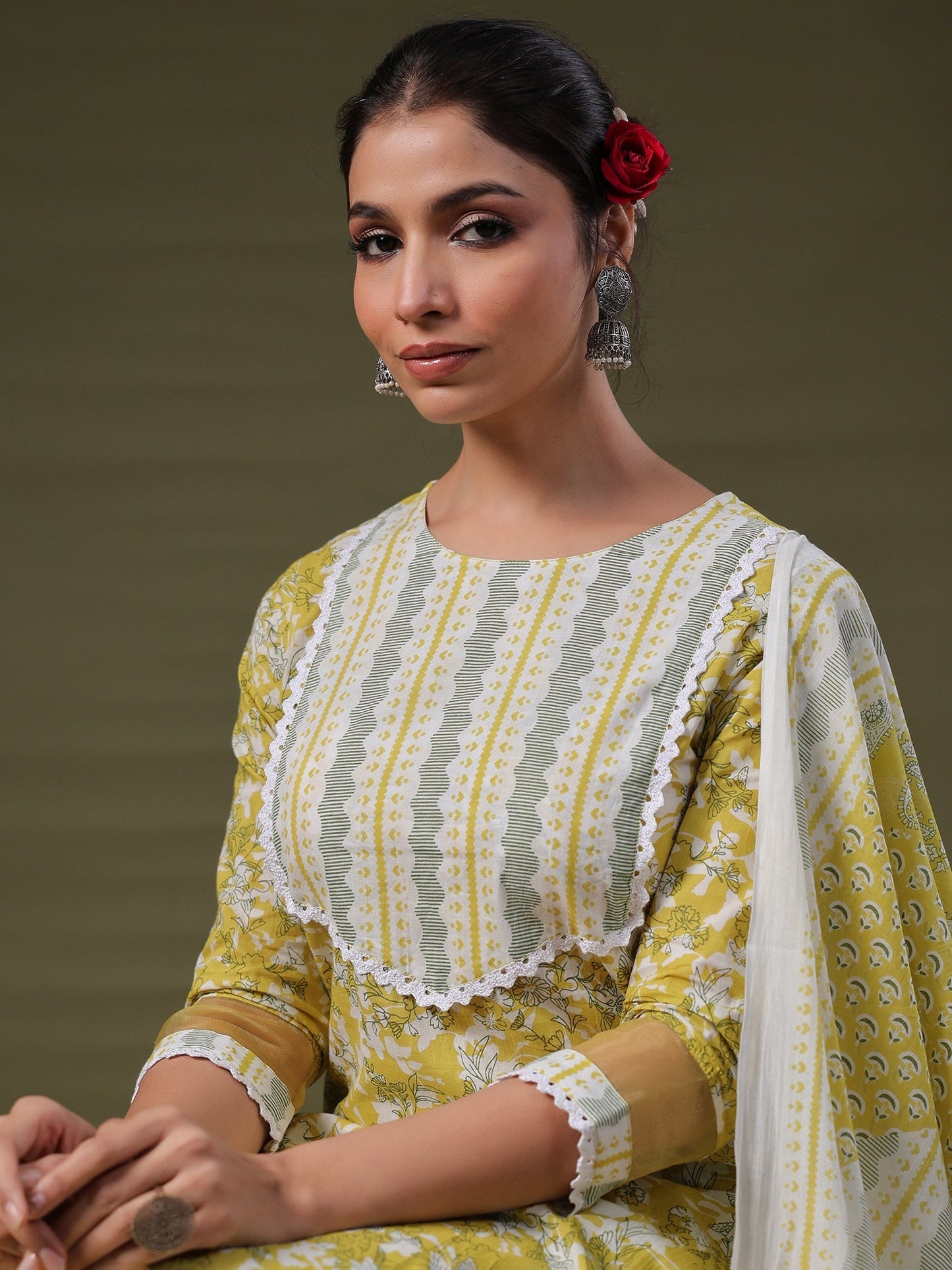 Indo Era Green Printed Straight Kurta Trousers With Dupatta Set