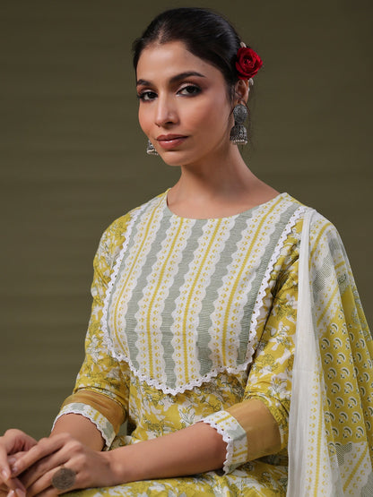 Indo Era Green Printed Straight Kurta Trousers With Dupatta Set