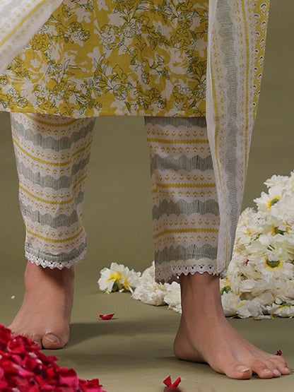 Indo Era Green Printed Straight Kurta Trousers With Dupatta Set