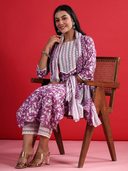 Lavender Printed Straight Kurta Trousers With Dupatta Set