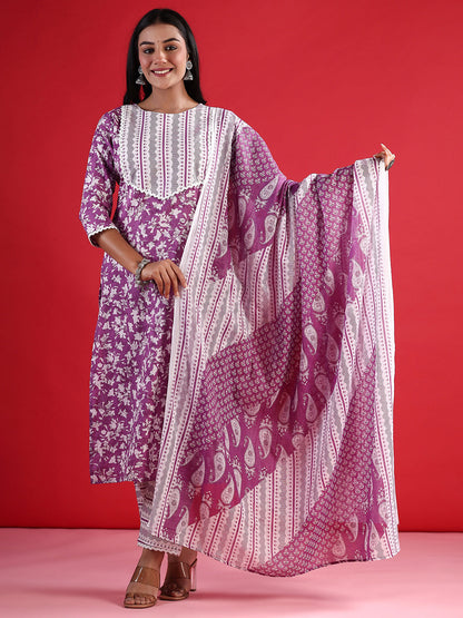Lavender Printed Straight Kurta Trousers With Dupatta Set