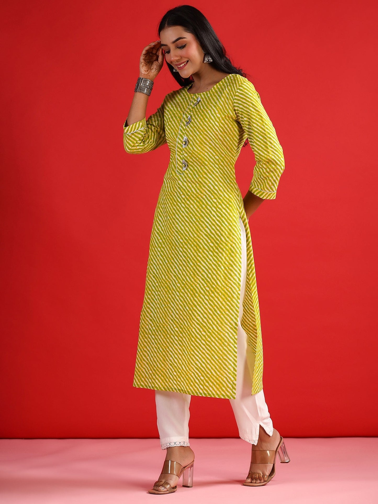 Indo Era Green Printed Straight Kurtas