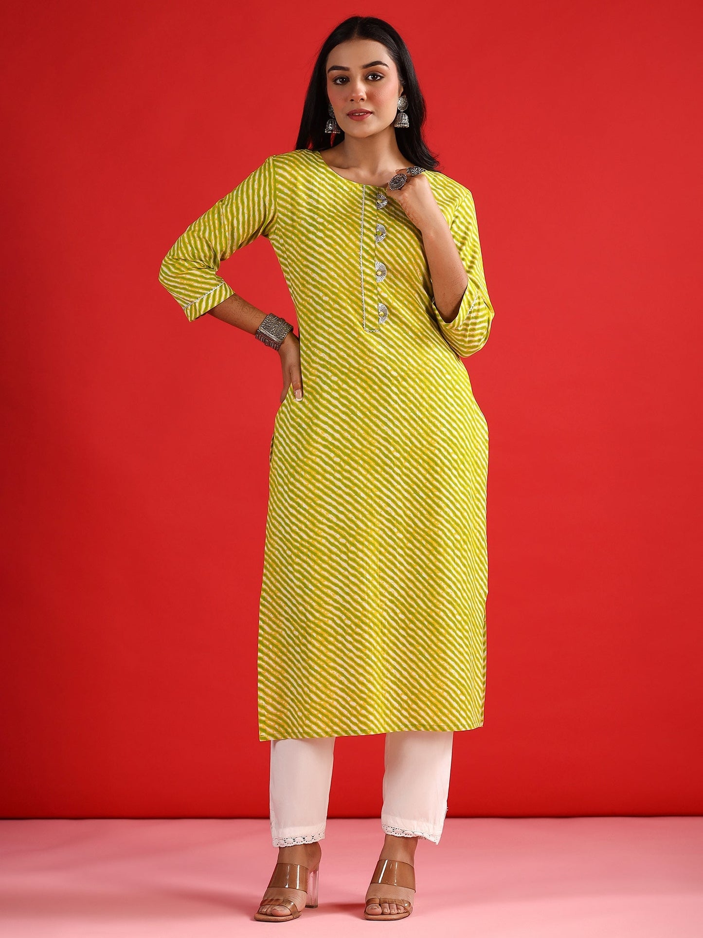 Indo Era Green Printed Straight Kurtas