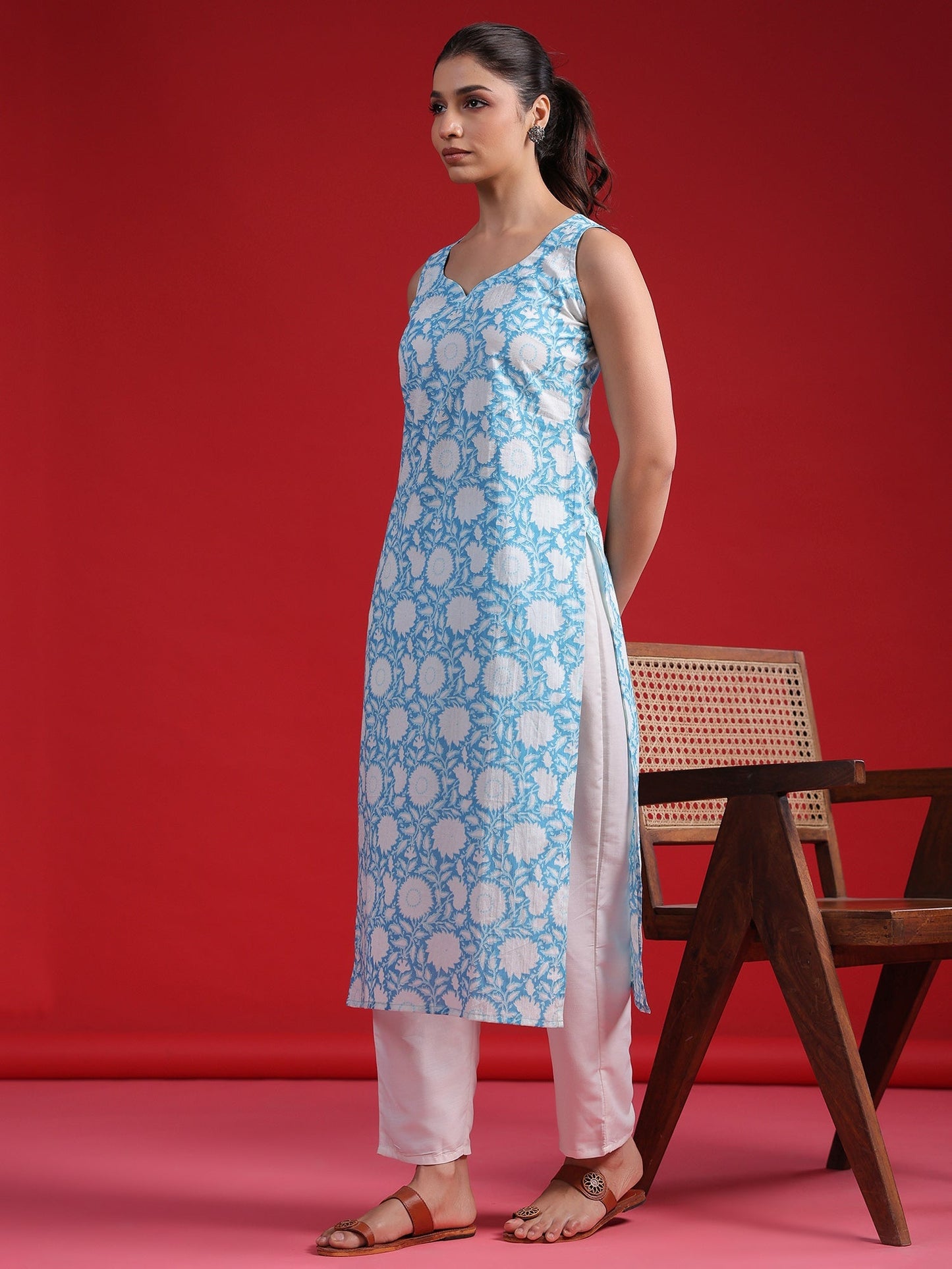 Indo Era Blue Printed Straight Kurtas