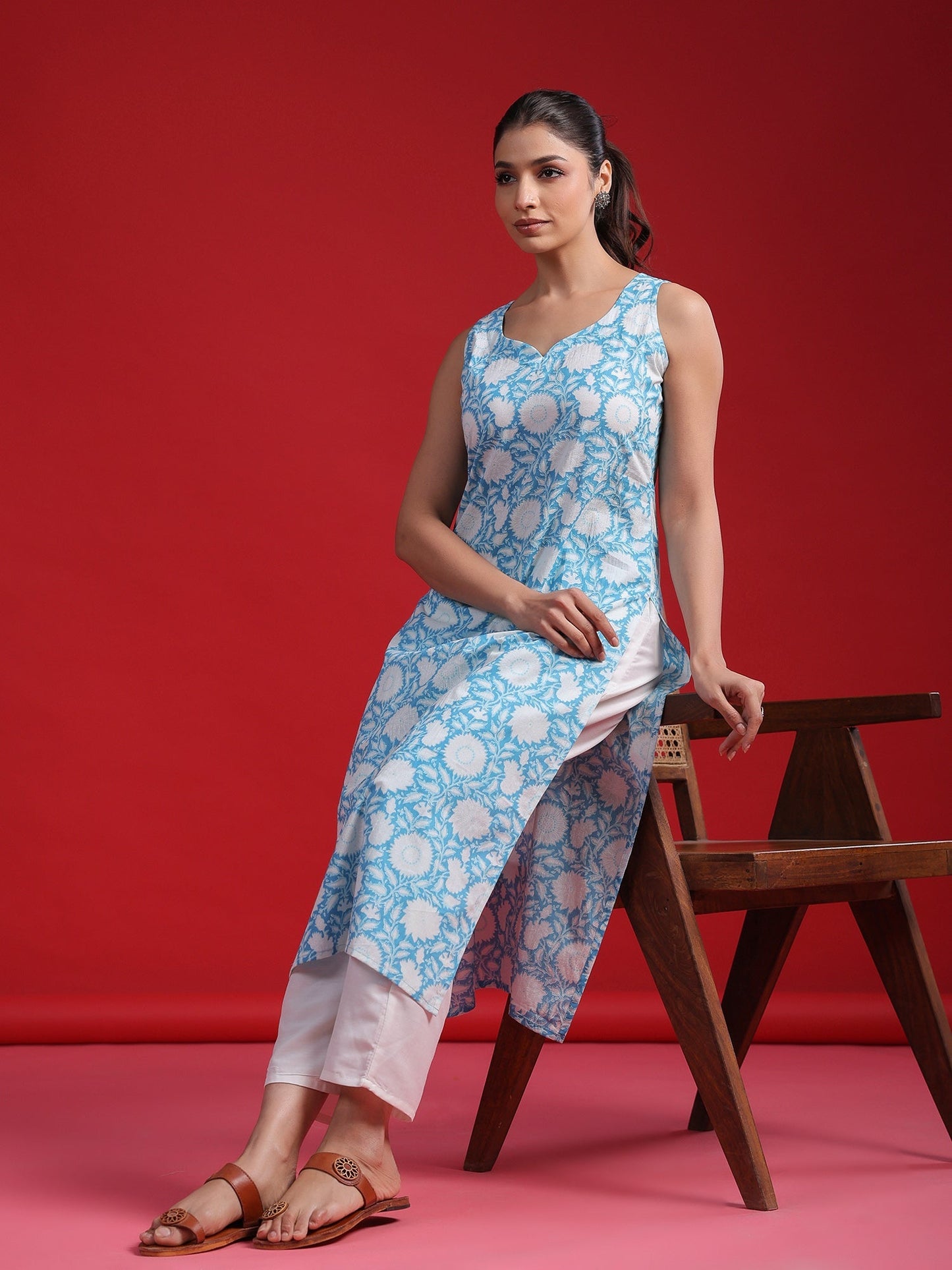 Indo Era Blue Printed Straight Kurtas