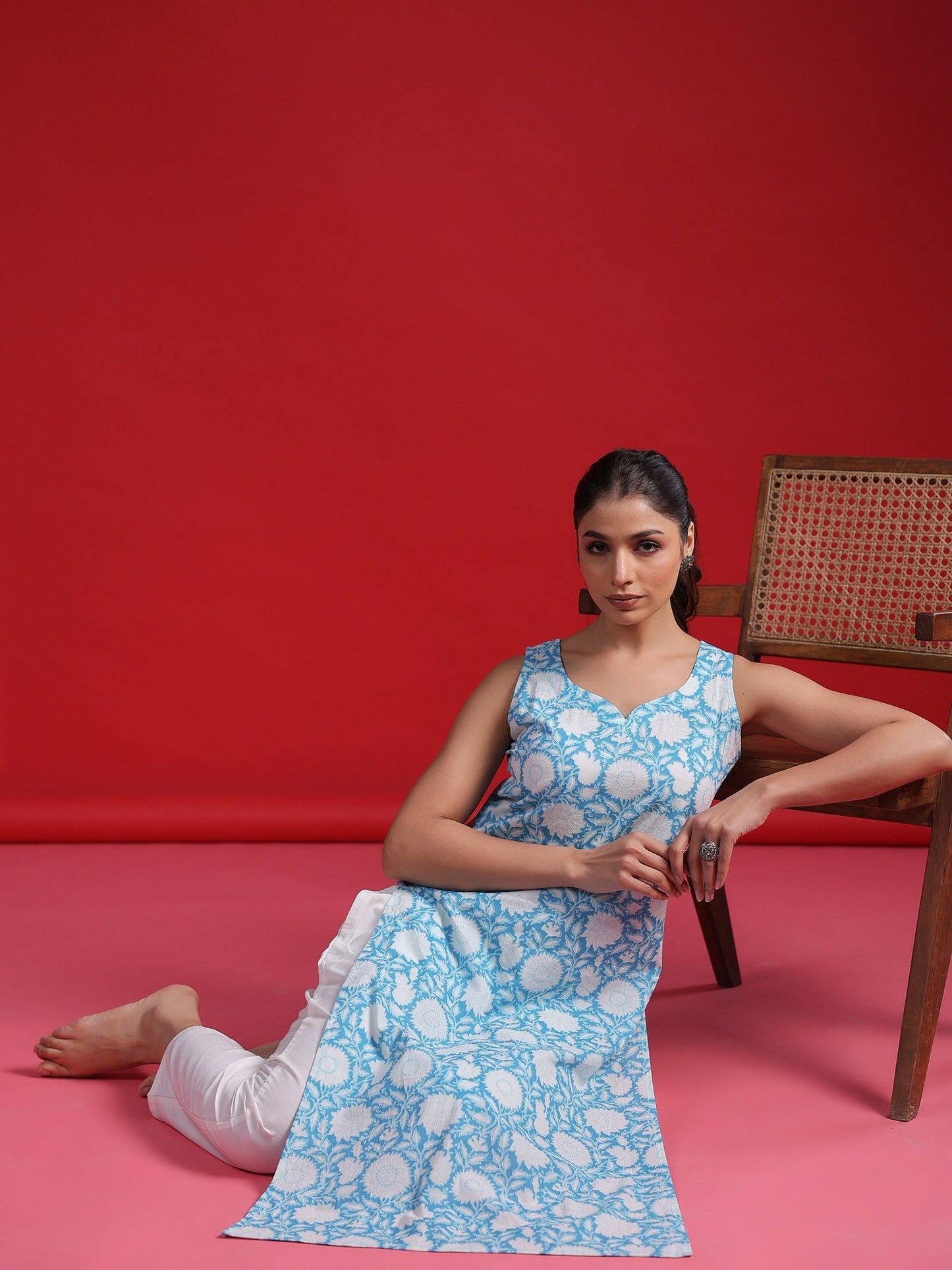Indo Era Blue Printed Straight Kurtas