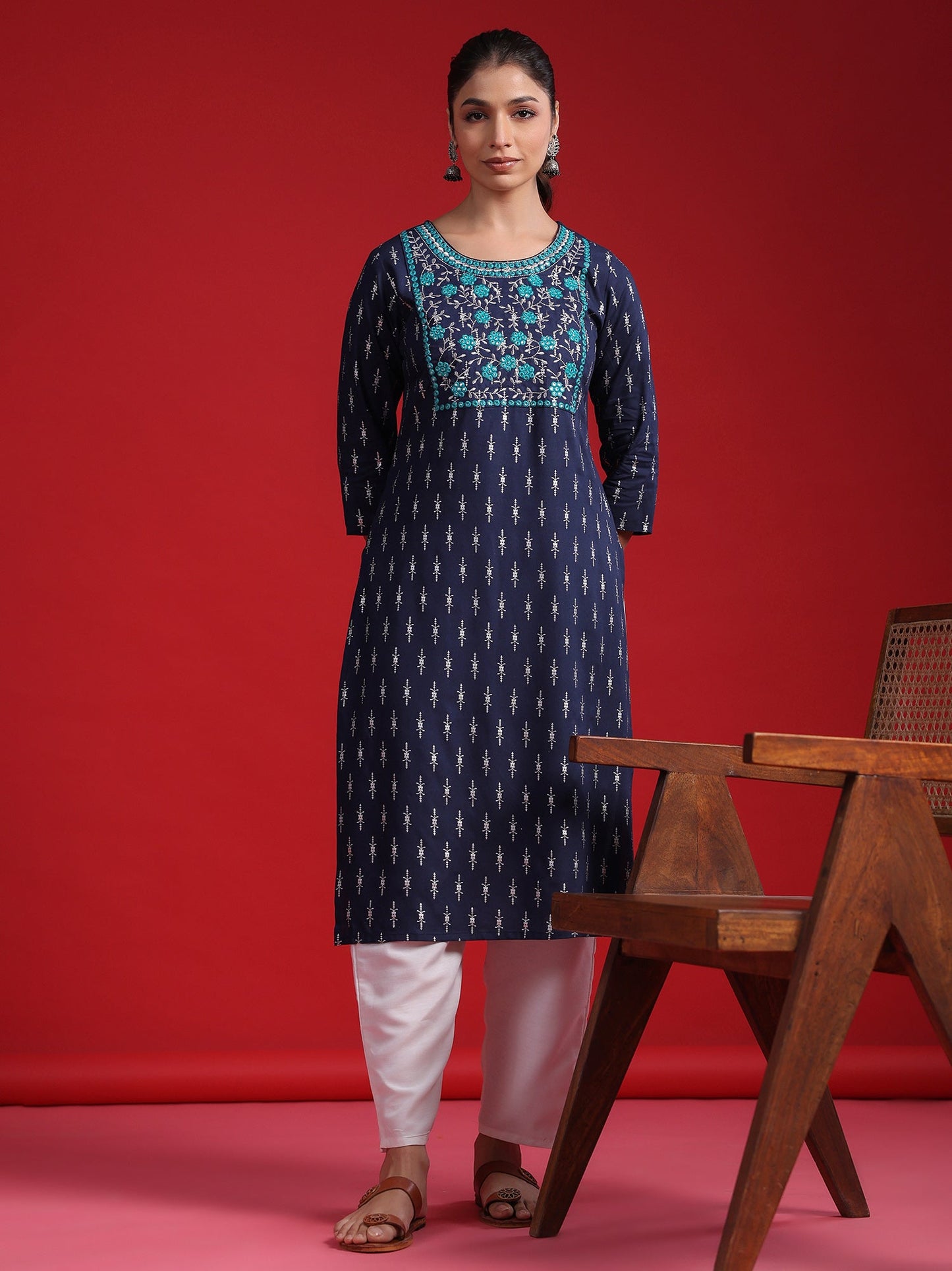 Indo Era Blue Ethnic Motifs Embroidered Mirror Work Kurta