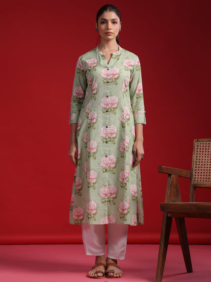 Indo Era Green Printed A-Line Kurtas