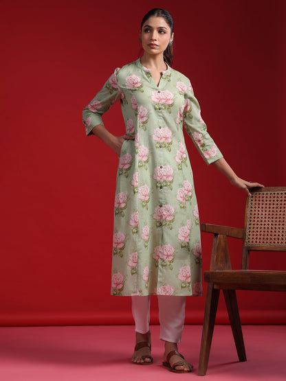 Indo Era Green Printed A-Line Kurtas