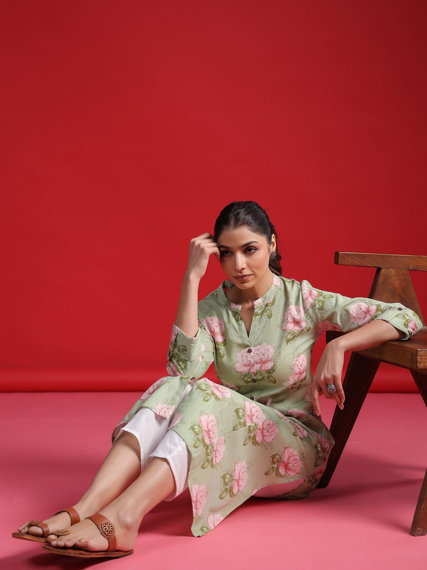 Indo Era Green Printed A-Line Kurtas