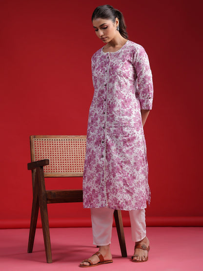 Indo Era Lavender Printed A-Line Kurtas