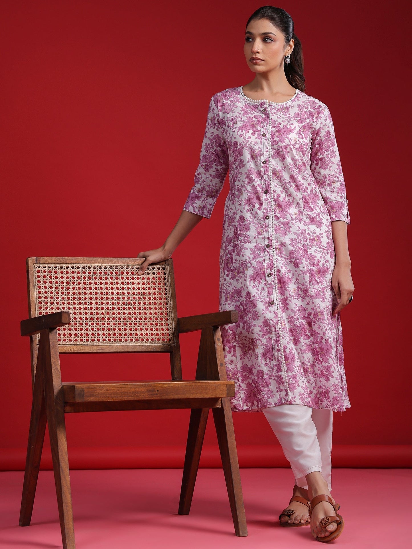 Indo Era Lavender Printed A-Line Kurtas
