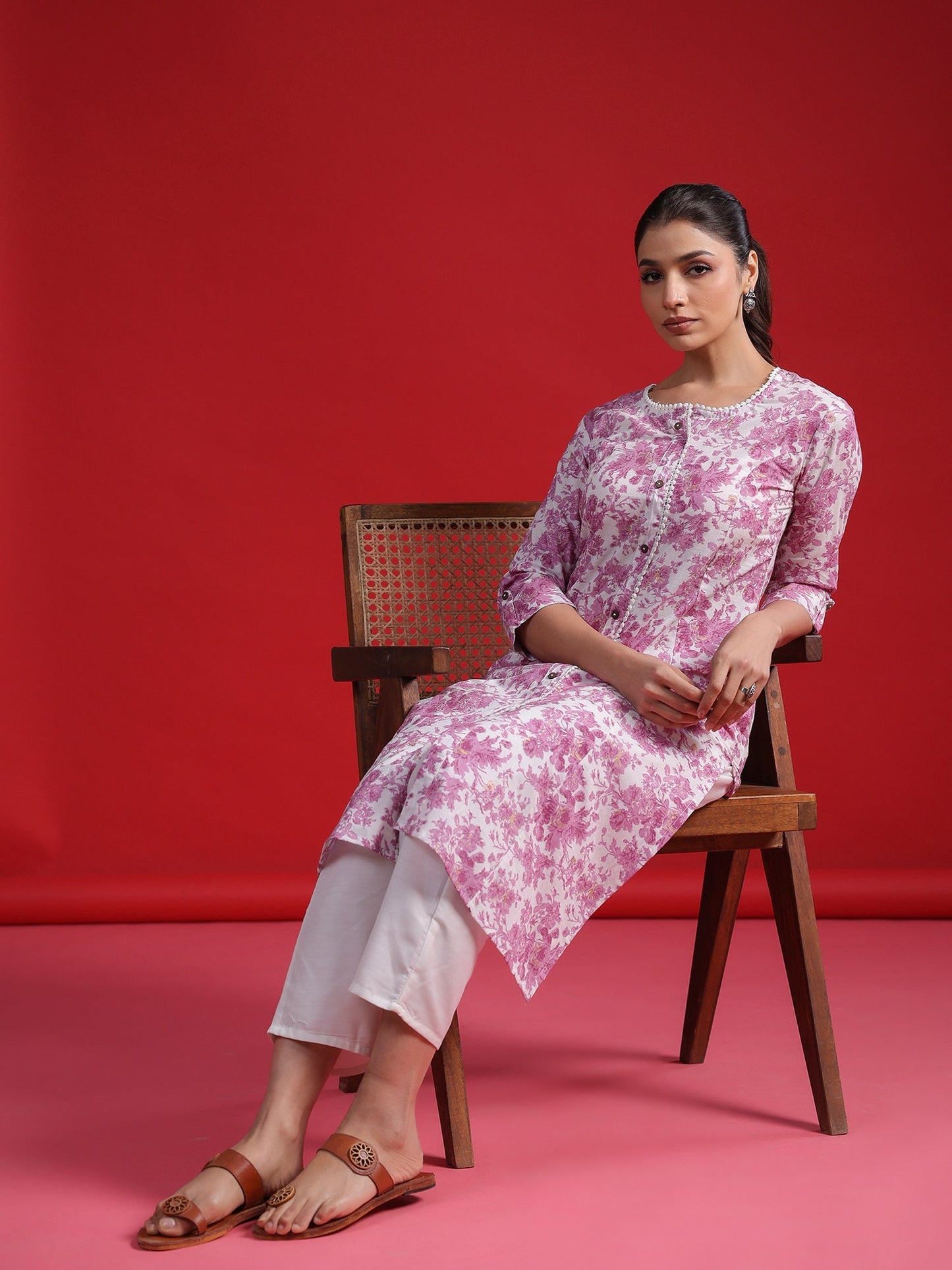 Indo Era Lavender Printed A-Line Kurtas