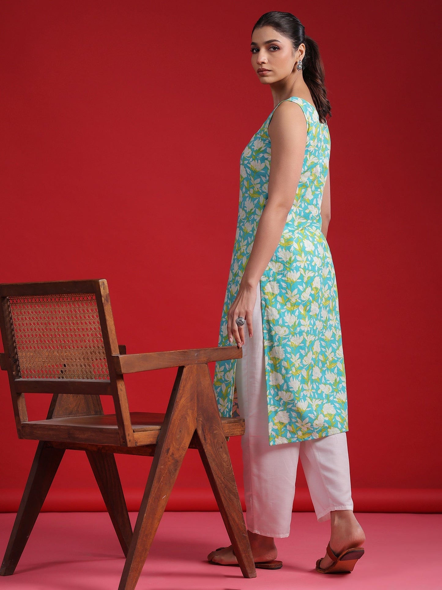 Indo Era Blue Printed Straight Kurtas
