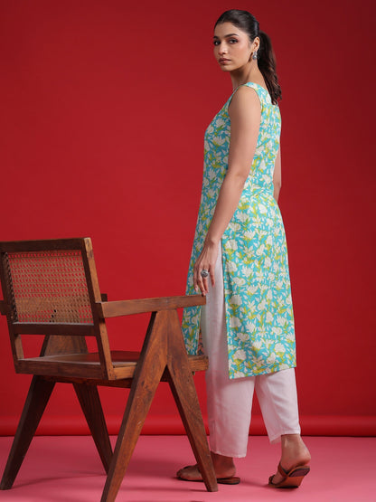 Indo Era Blue Printed Straight Kurtas