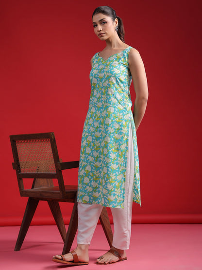 Indo Era Blue Printed Straight Kurtas