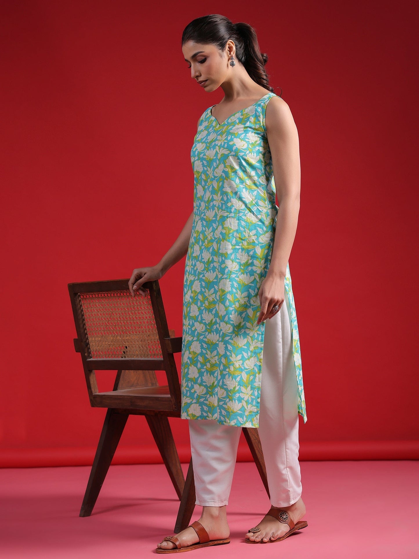 Indo Era Blue Printed Straight Kurtas