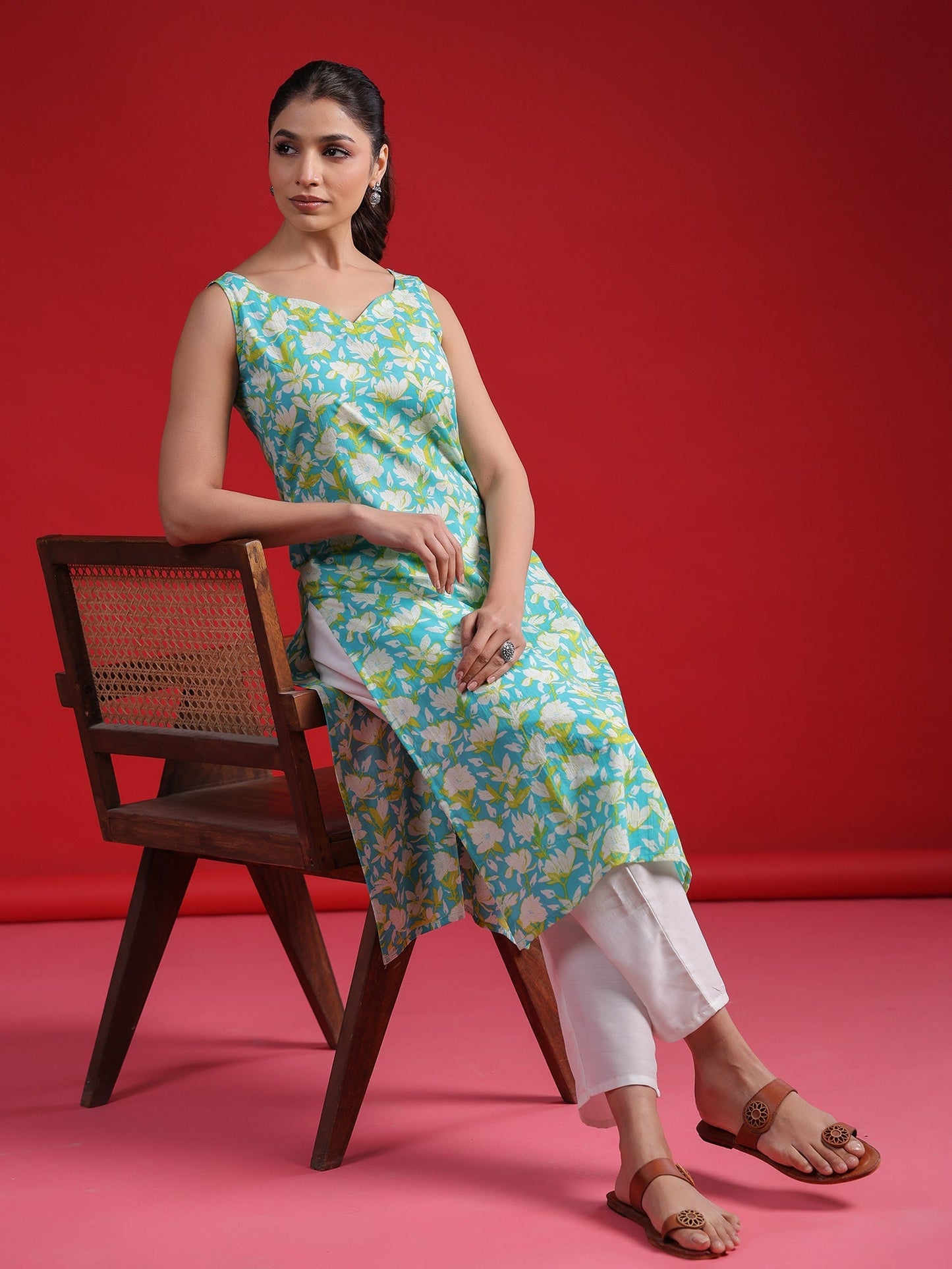 Indo Era Blue Printed Straight Kurtas