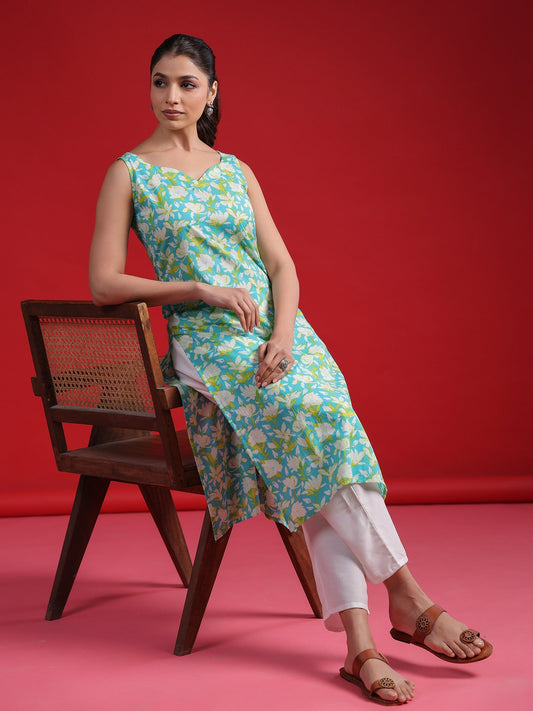 Indo Era Blue Printed Straight Kurtas