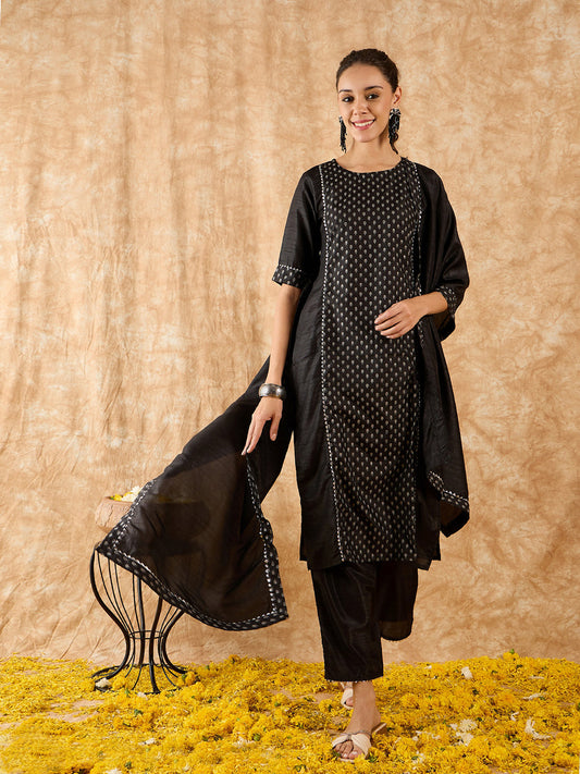Indo Era Black Printed A-Line Kurta Trouser with Dupatta set
