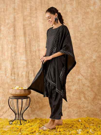 Indo Era Black Printed A-Line Kurta Trouser with Dupatta set