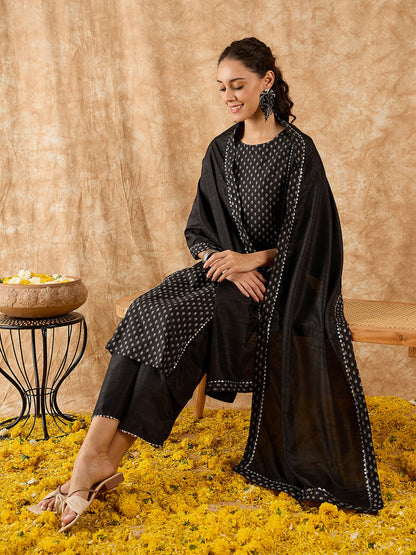 Indo Era Black Printed A-Line Kurta Trouser with Dupatta set