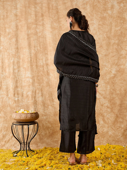 Indo Era Black Printed A-Line Kurta Trouser with Dupatta set