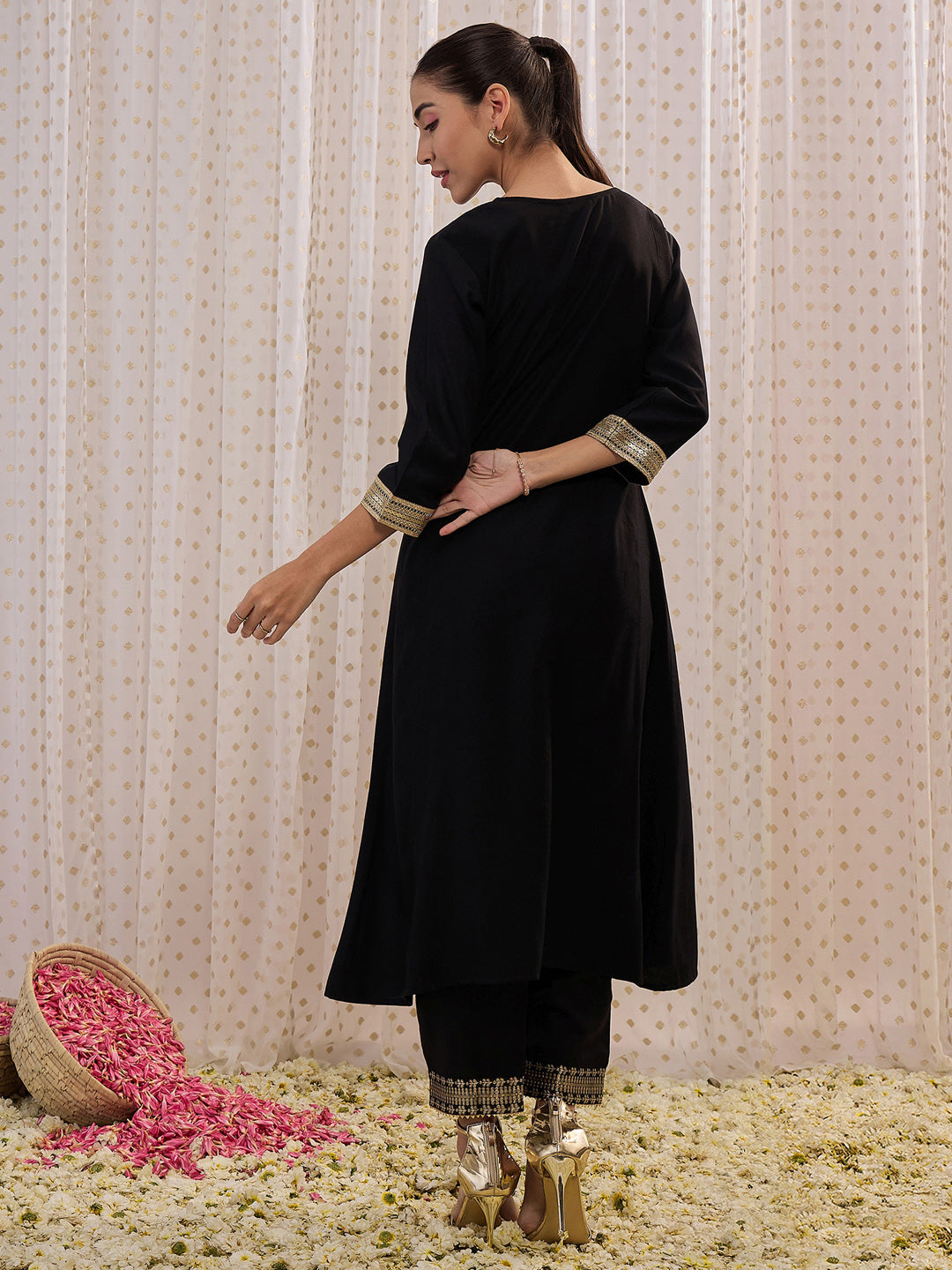Indo Era Black Embroidered A-Line Kurtas
