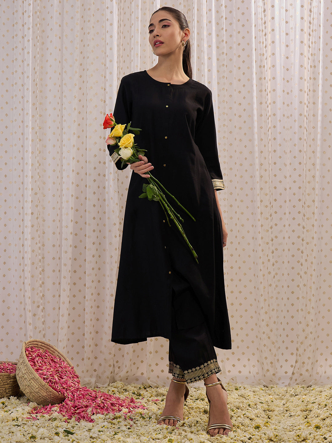 Indo Era Black Embroidered A-Line Kurtas