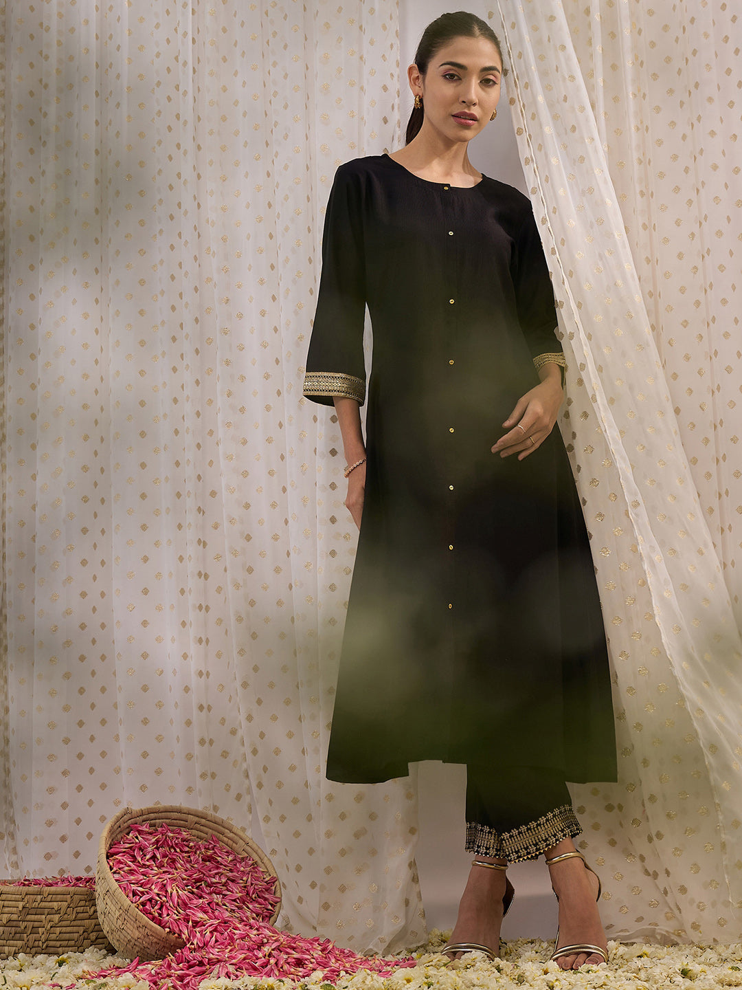 Indo Era Black Embroidered A-Line Kurtas